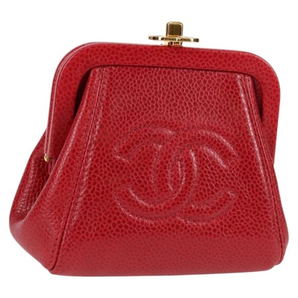 CHANEL Coin Purse Grained Calf Skin Red Gold CC - Picture 1 of 14